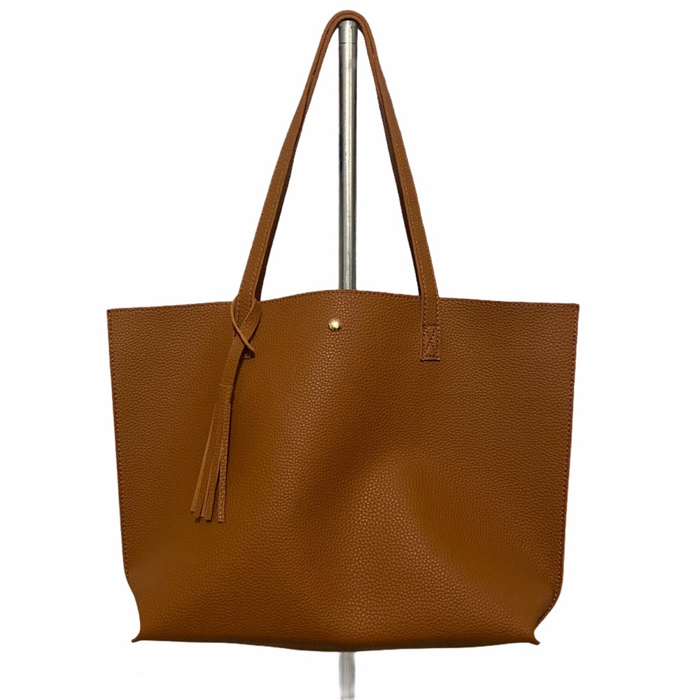 Faux leather open top tote bag cognac